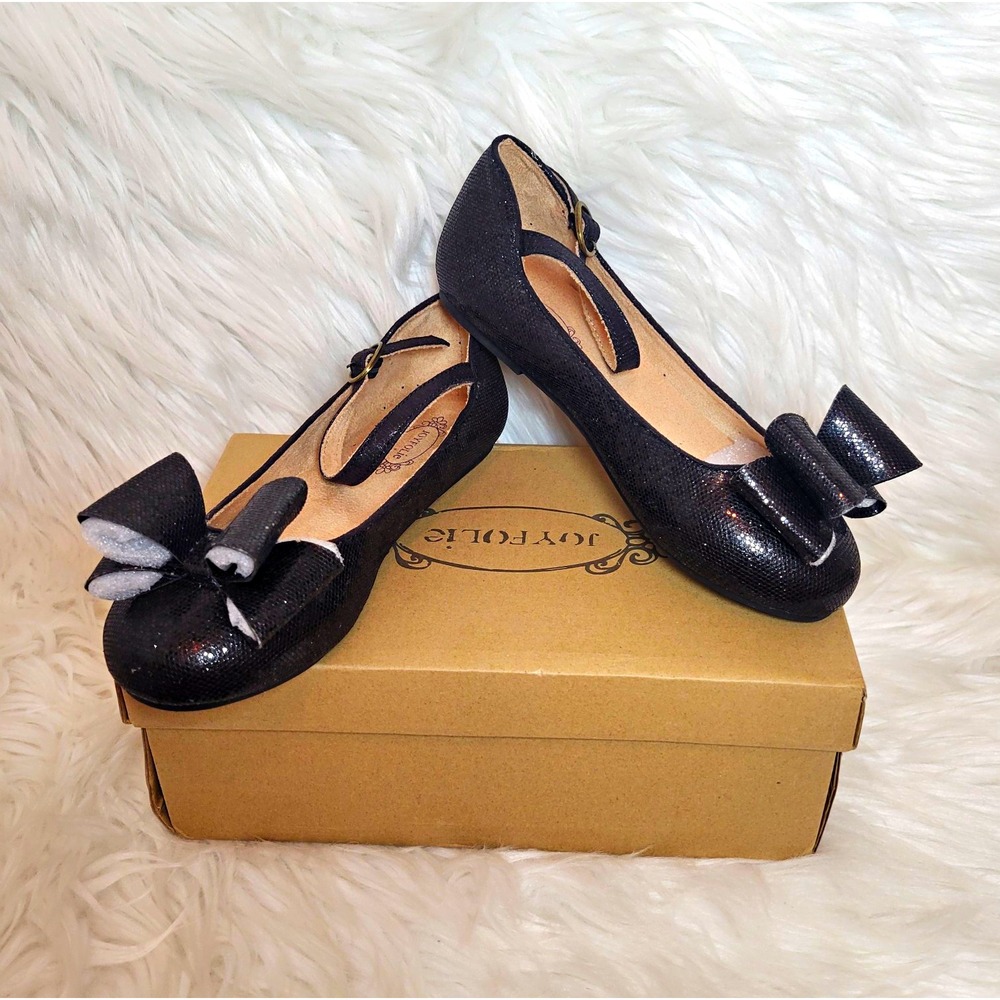 Joyfolie Girls Black Glitter Bow Ankle Strap Buckle Round Toe Flats Sz 1